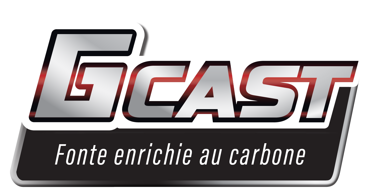Logo with the word GCAST in bold, metallic-style letters above the phrase Fonte enrichie au carbone on a black background.