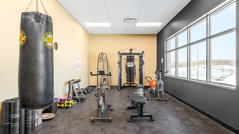 A small gym room with a punching bag, weights, exercise bikes, a bench, fitness equipment, and large windows letting in natural light.